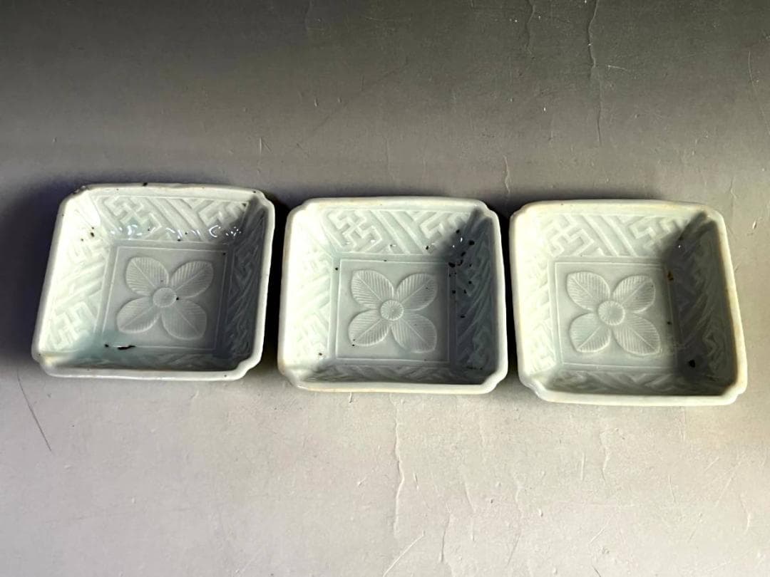 小皿■花紋四角白磁3枚 江戸期 角皿 古美術 時代物 骨董品■