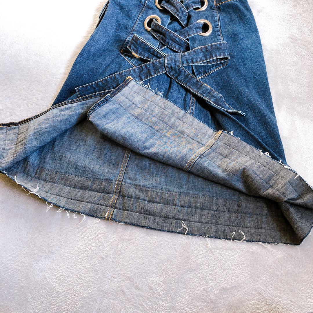 希少 sacai デニムスカート レースアップ カットオフ ミモレ丈 インディゴ