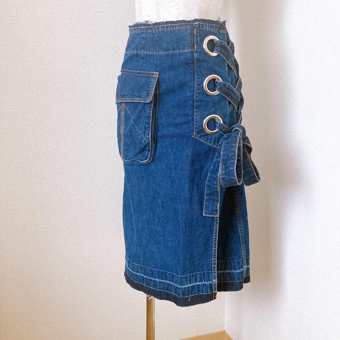 希少 sacai デニムスカート レースアップ カットオフ ミモレ丈 インディゴ