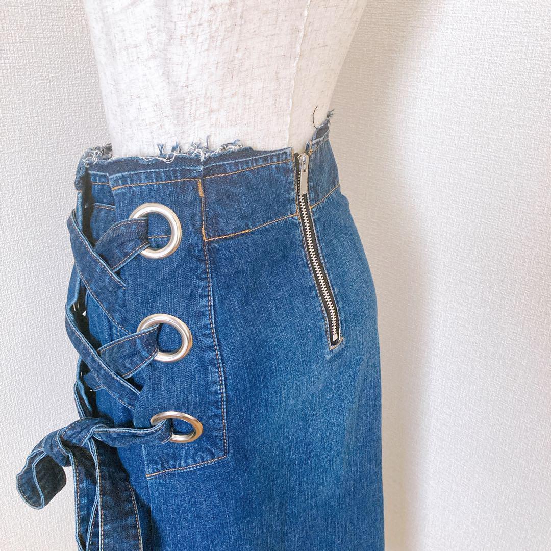 希少 sacai デニムスカート レースアップ カットオフ ミモレ丈 インディゴ