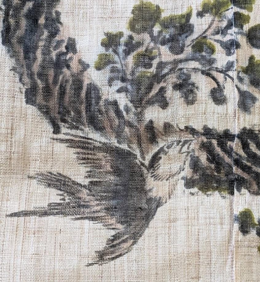 手描き麻暖簾【鳥と忍草】手染め のれん 巾81×144cm　一点物　アンティーク