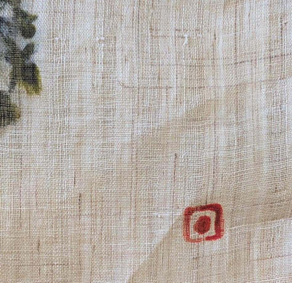 手描き麻暖簾【鳥と忍草】手染め のれん 巾81×144cm　一点物　アンティーク