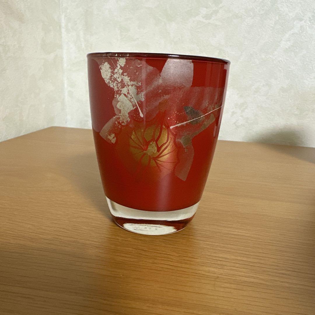 新品未使用　会津漆器　ガラス蒔絵 カトレアグラス (黒内朱・朱)ペアセット