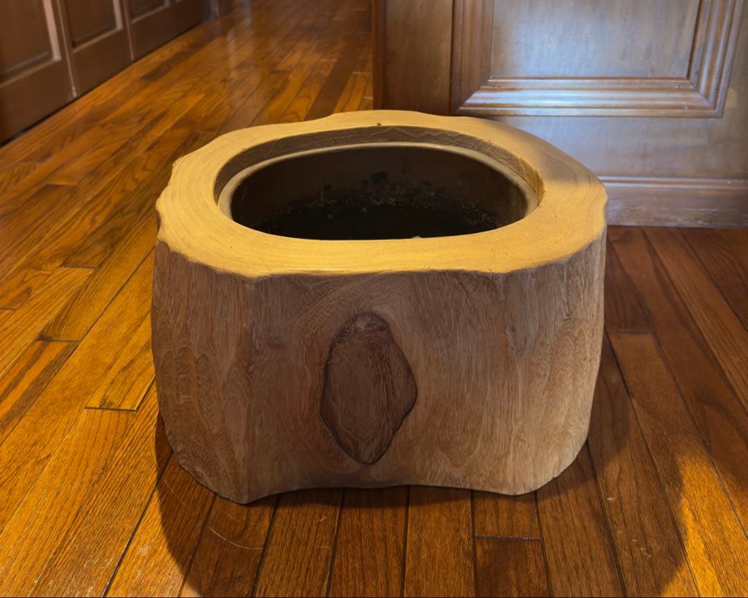 天然木 くり貫き 火鉢 銅版落とし ＊ アンティーク 古民家 切株 茶道具