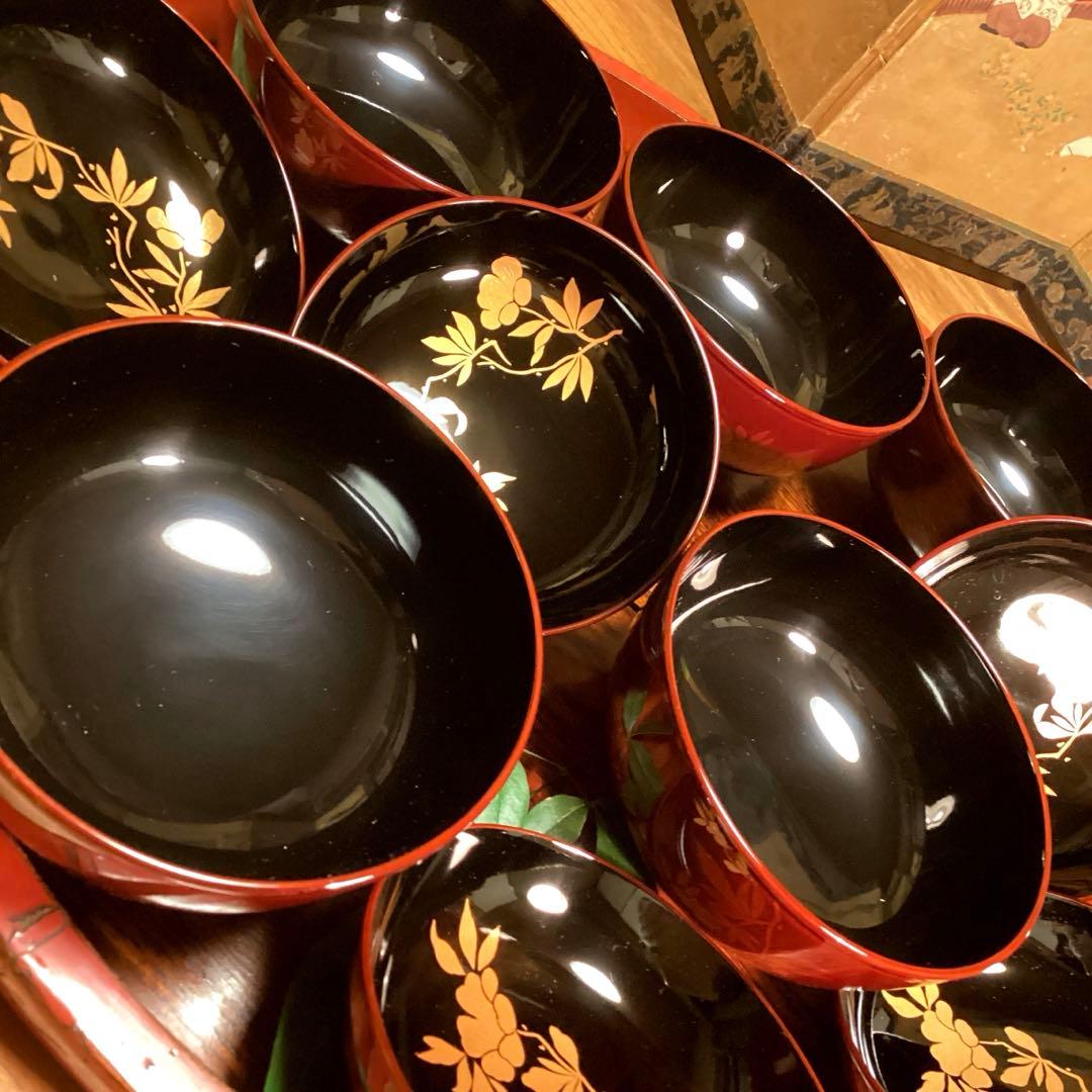 A893 木製輪島塗　白檀塗　山吹蒔絵　『千舟堂』　吸い物椀　煮物椀　5客