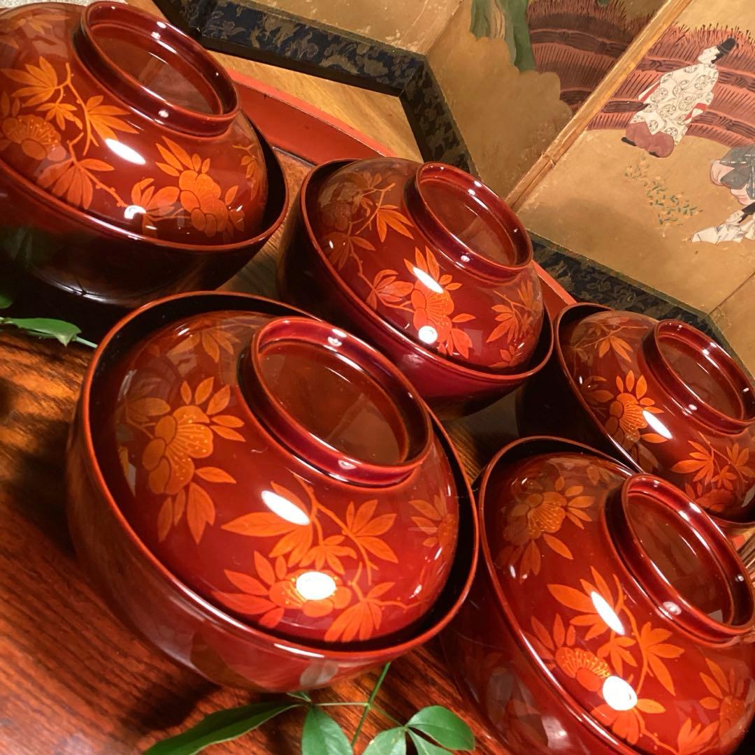 A893 木製輪島塗　白檀塗　山吹蒔絵　『千舟堂』　吸い物椀　煮物椀　5客