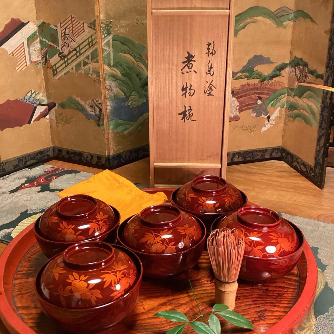 A893 木製輪島塗　白檀塗　山吹蒔絵　『千舟堂』　吸い物椀　煮物椀　5客