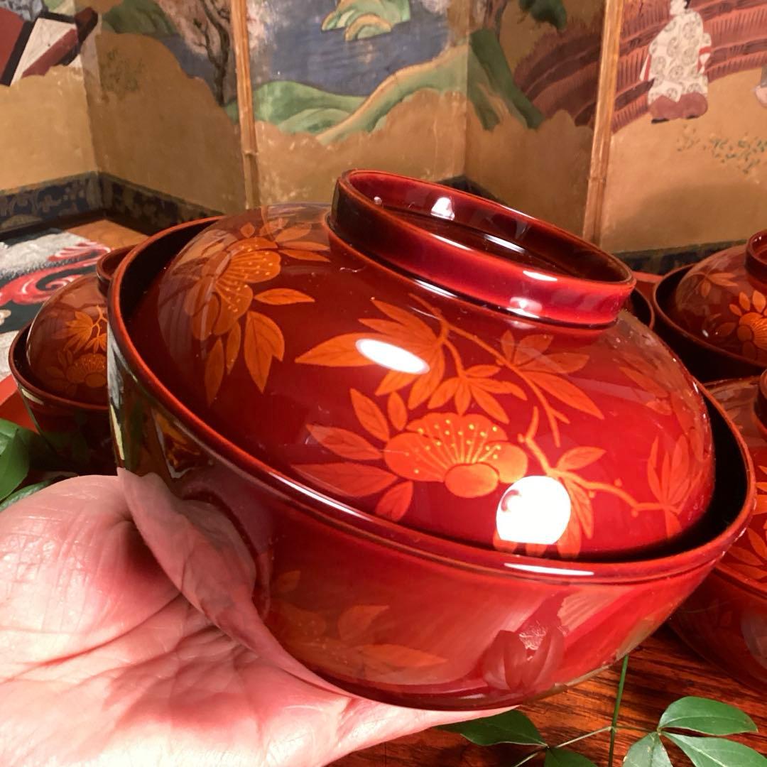 A893 木製輪島塗　白檀塗　山吹蒔絵　『千舟堂』　吸い物椀　煮物椀　5客