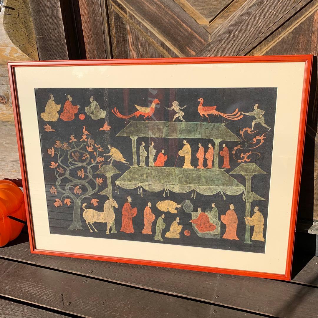 楚国　漢代　帛画　中国　シルク　絹　絵画　額縁　骨董品　馬　王　鳳凰　人　アート