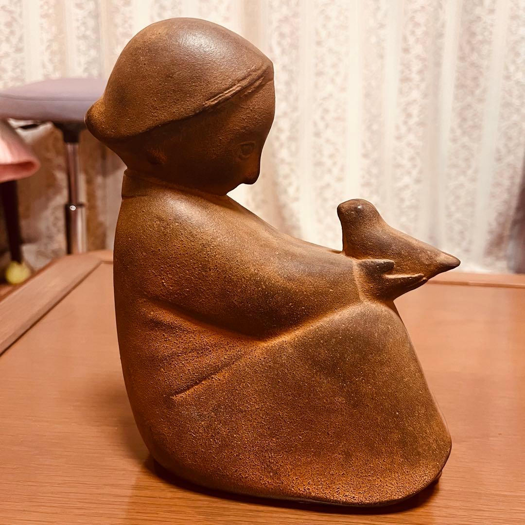 山本正道　鳩と少女　彫刻　オブジェ　女の子　青銅　鉄　鳥　骨董品　ビンテージ