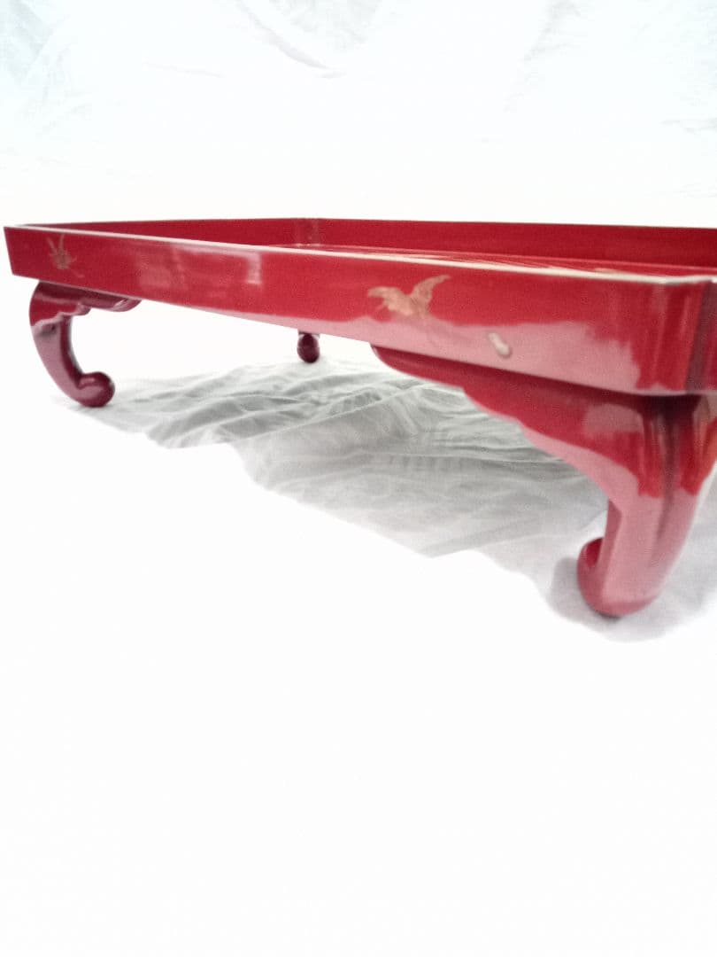 古い お膳 金彩 木製 四足 鶴亀柄 朱塗 漆器 アンティーク