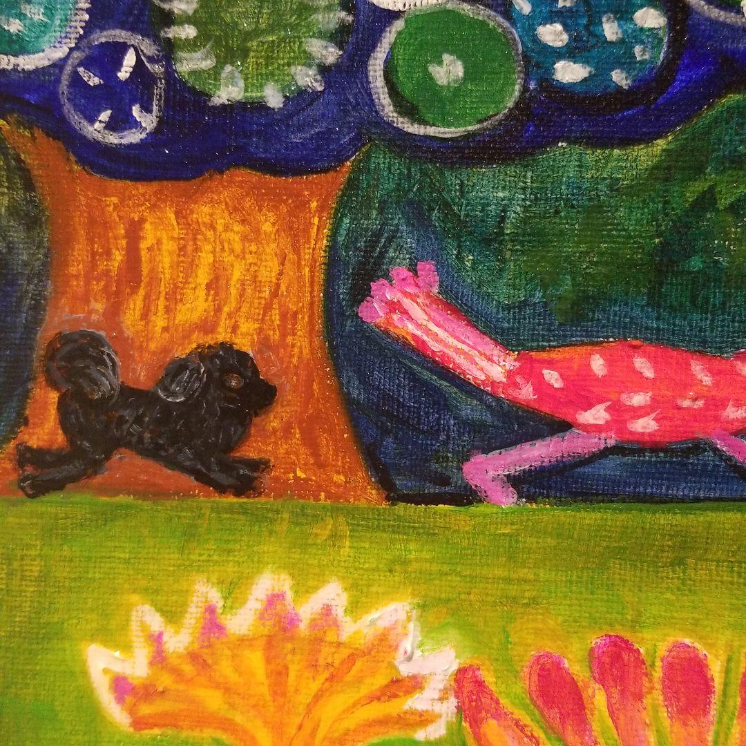 油絵　H　ひつじさんと友だちの楽しい帰り道　わんこも一緒♪　横長キャンバス