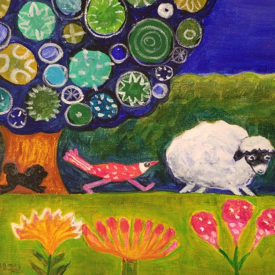 油絵　H　ひつじさんと友だちの楽しい帰り道　わんこも一緒♪　横長キャンバス