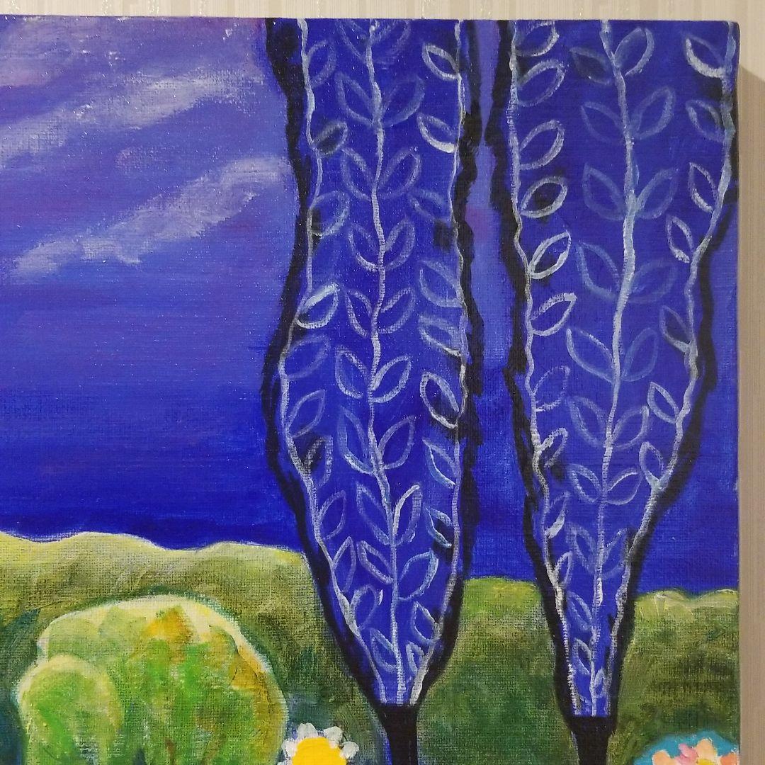 油絵　H　ひつじさんと友だちの楽しい帰り道　わんこも一緒♪　横長キャンバス