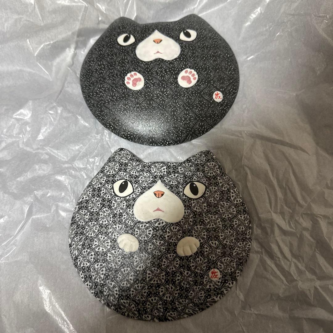 小林佐和子　練込黒猫　小皿　２枚セット