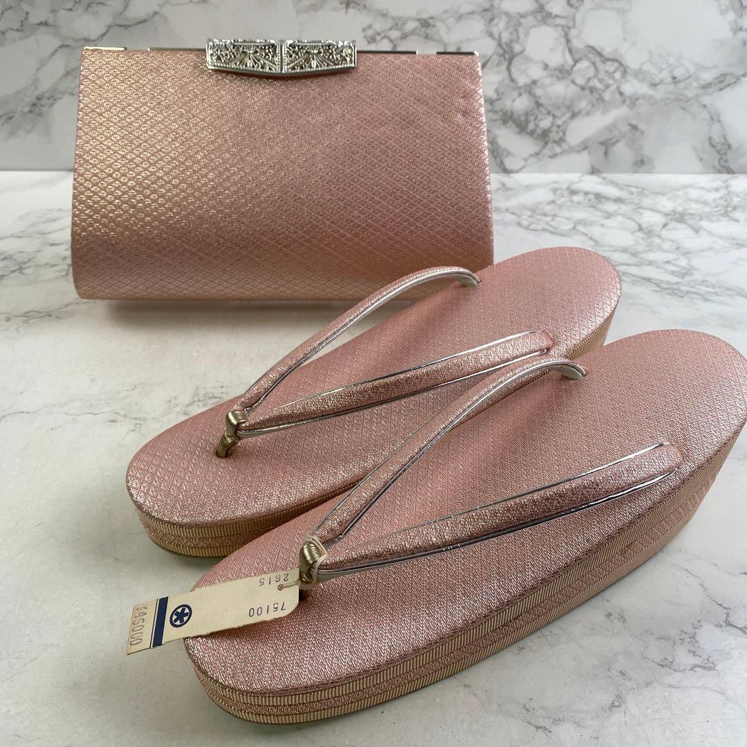 佐賀錦織 ピンク×銀 和柄 振袖 着物 和装用バッグ 草履23㎝ M 2点セット