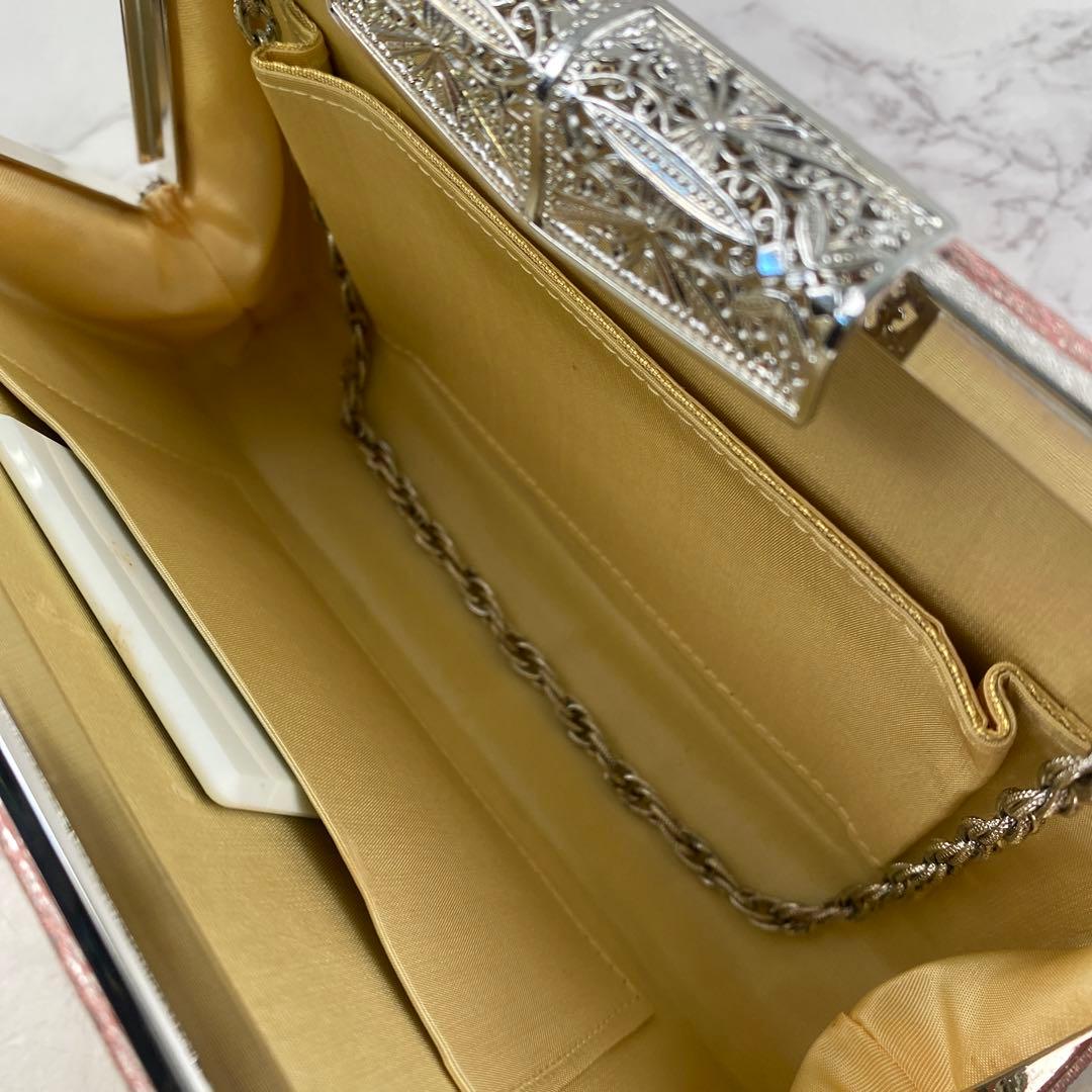 佐賀錦織 ピンク×銀 和柄 振袖 着物 和装用バッグ 草履23㎝ M 2点セット