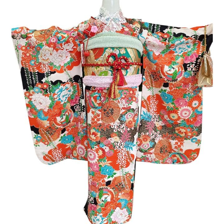 専用です☆アンティーク白黒ブルーの着物にエメラルドグリーンの作り帯セット☆