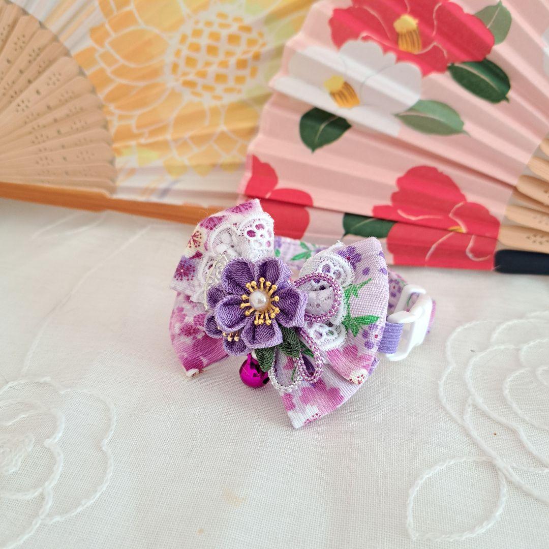 ダブルリボン、和風つまみ細工(藤色)わんちゃん猫ちゃん用首輪