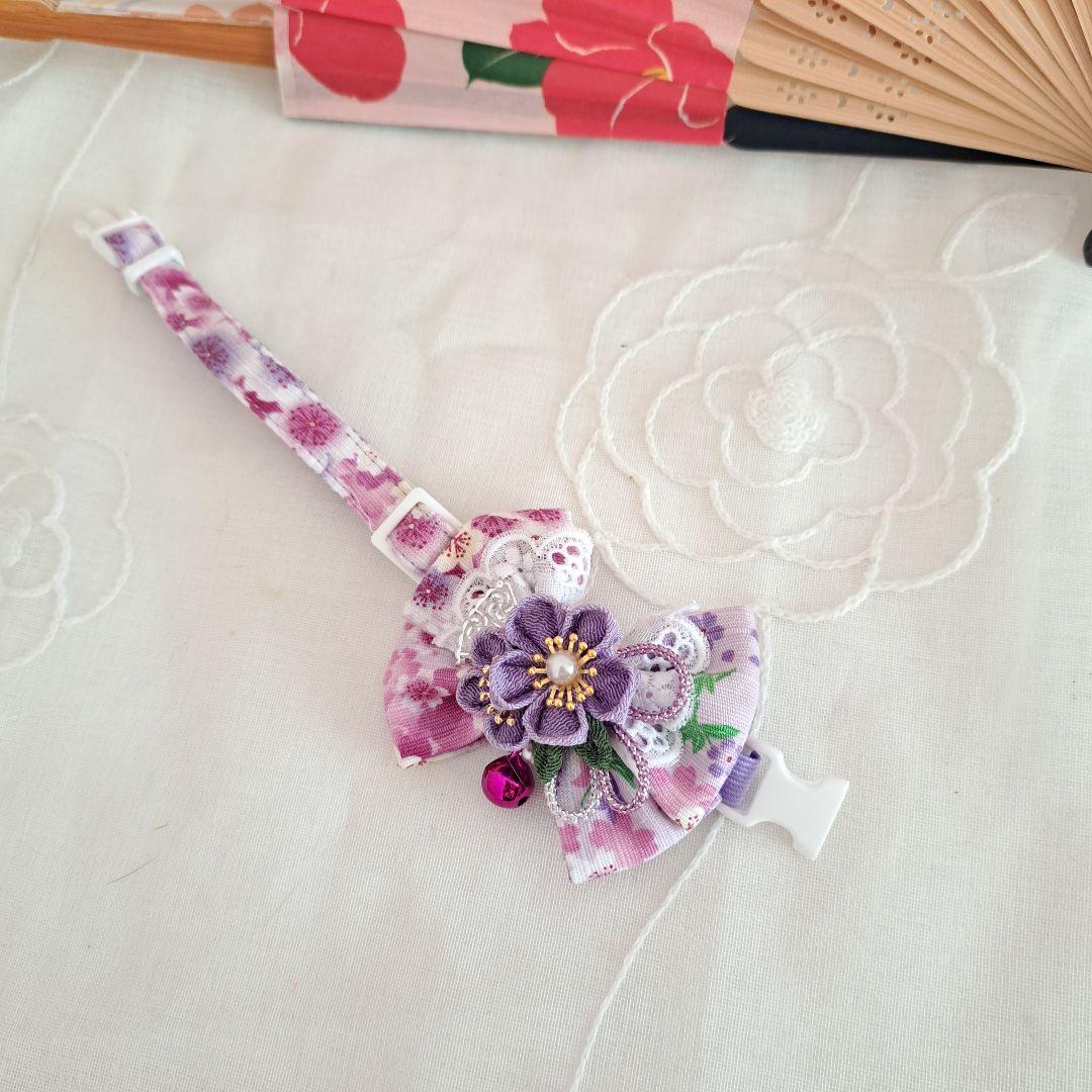 ダブルリボン、和風つまみ細工(藤色)わんちゃん猫ちゃん用首輪