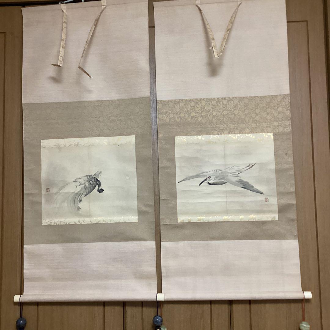 竹内栖鳳 肉筆双幅図 【 鶴 亀 】 慶事掛軸 桐箱　肉筆画【画帖画　軸仕立て品