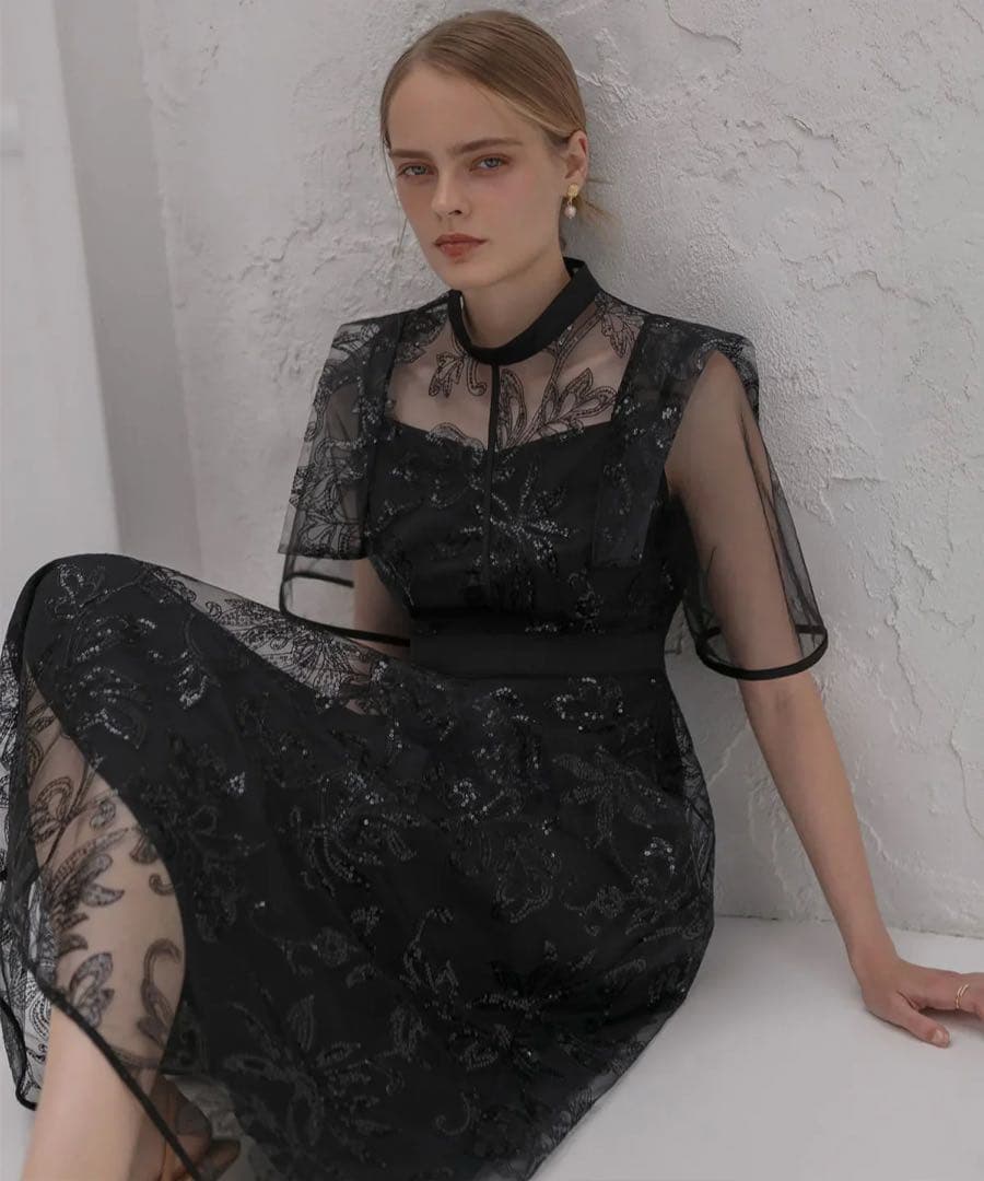 フラップデザインフラワースパンコールAラインワンピースドレス