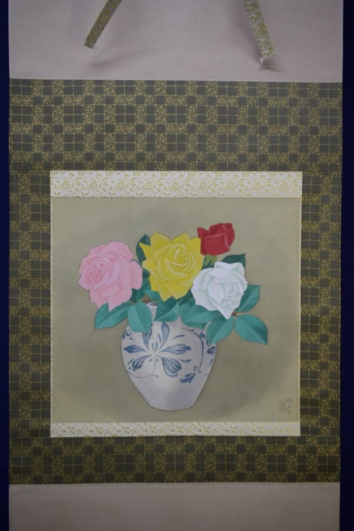 真作/山口華坪/薔薇花瓶図/バラ/布袋屋掛軸HH-884
