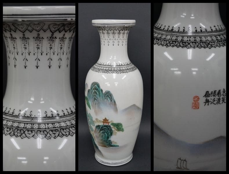 景徳鎮製在銘 粉彩色絵『山水風景漢詩文』花瓶 飾壺 手描き/ 茶道具