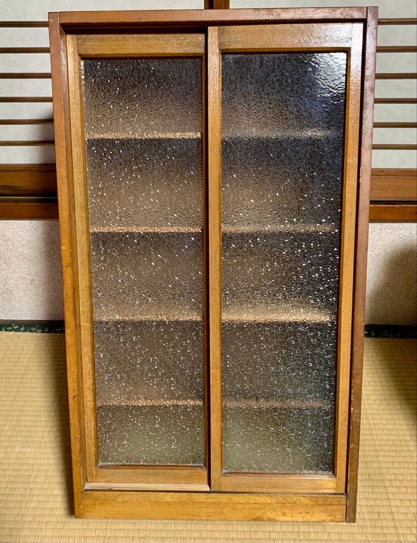 ☆【ダイヤガラス】引戸食器棚 水屋箪笥 昭和レトロ アンティーク 5段 木製