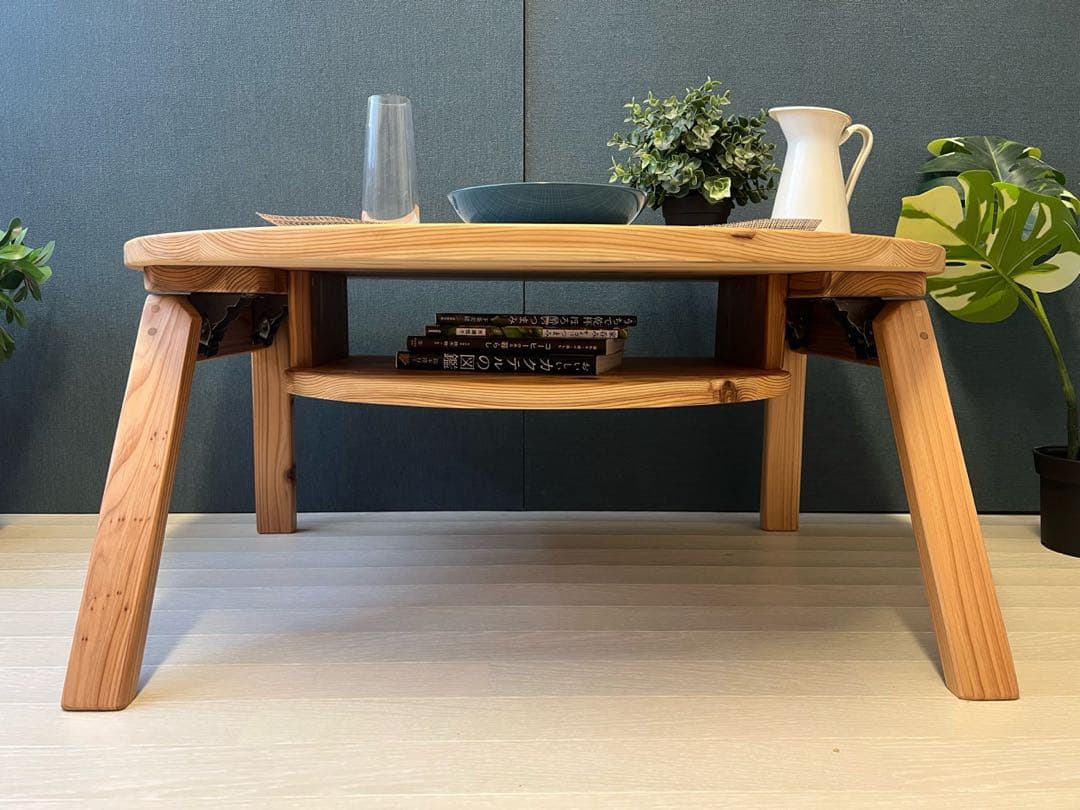 【送料無料】 ローテーブル 半円 収納付き90cm 60cm 杉 折り畳み脚