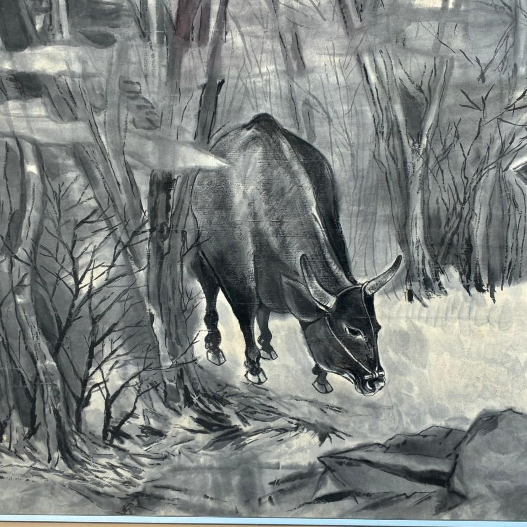牛の墨絵画　モノトーン　特大サイズ　140×113㎝　　25265