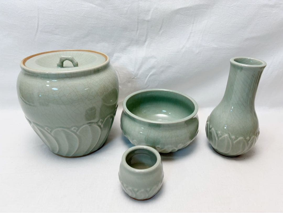 ほぼ未使用 茶道具 中村春晓作 青瓷 皆具 陶印 皆具 共箱