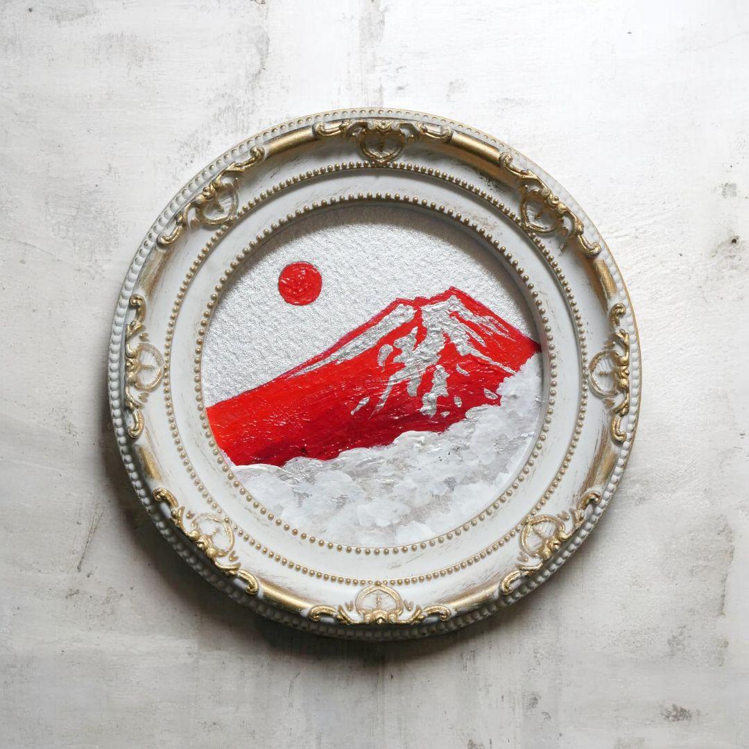 油彩画 円形ミニ絵画「赤富士」 銀の空と白い雲
