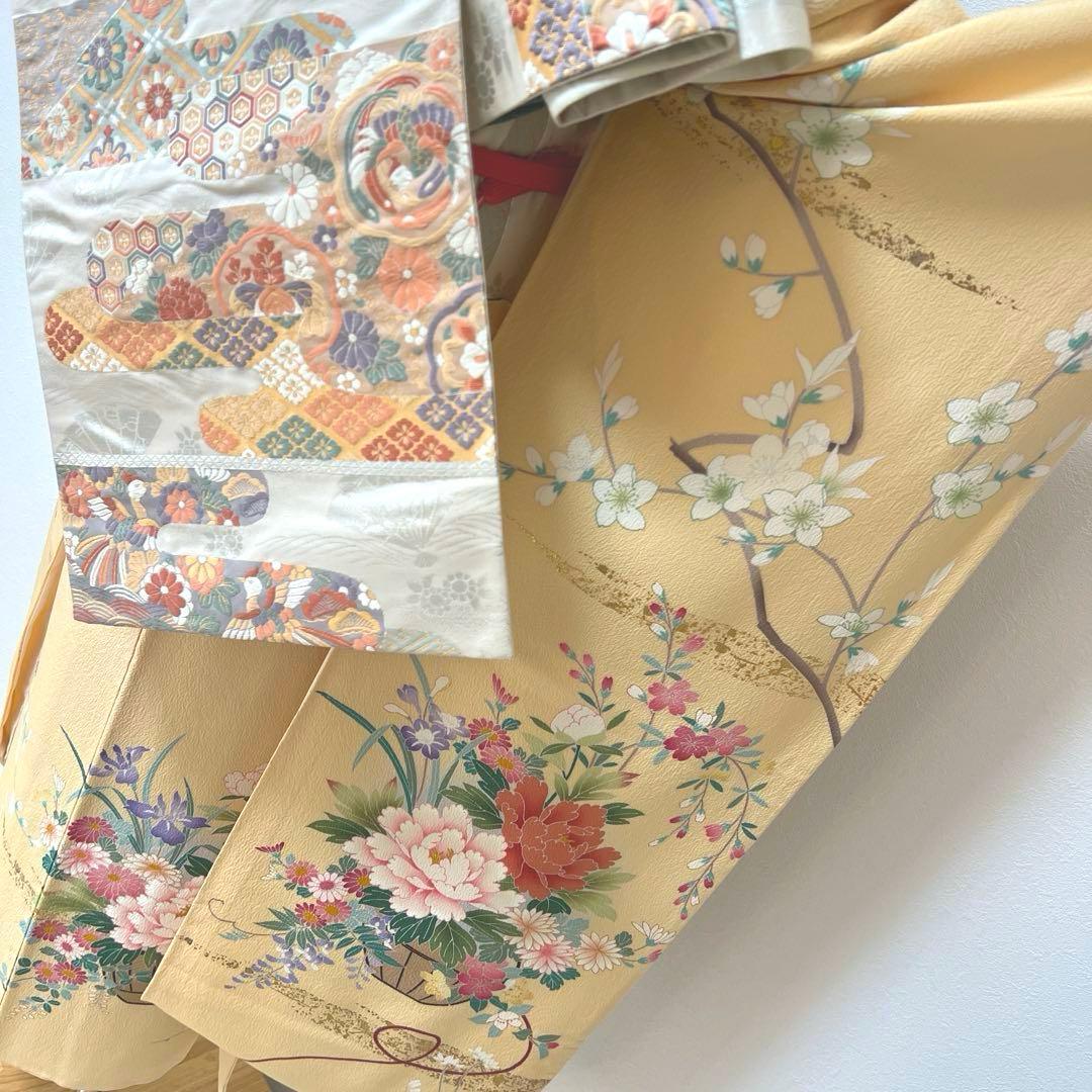 348 振袖フルセット 正絹 クリーム 黄色 金彩 小柄さん 正統派 お上品