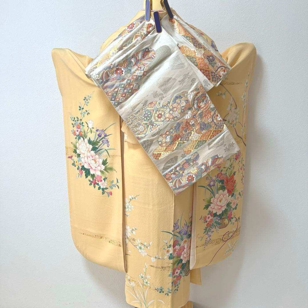348 振袖フルセット 正絹 クリーム 黄色 金彩 小柄さん 正統派 お上品