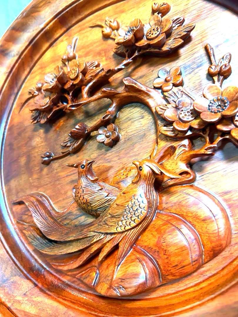 木彫り　花と孔雀　アプリコットプレート