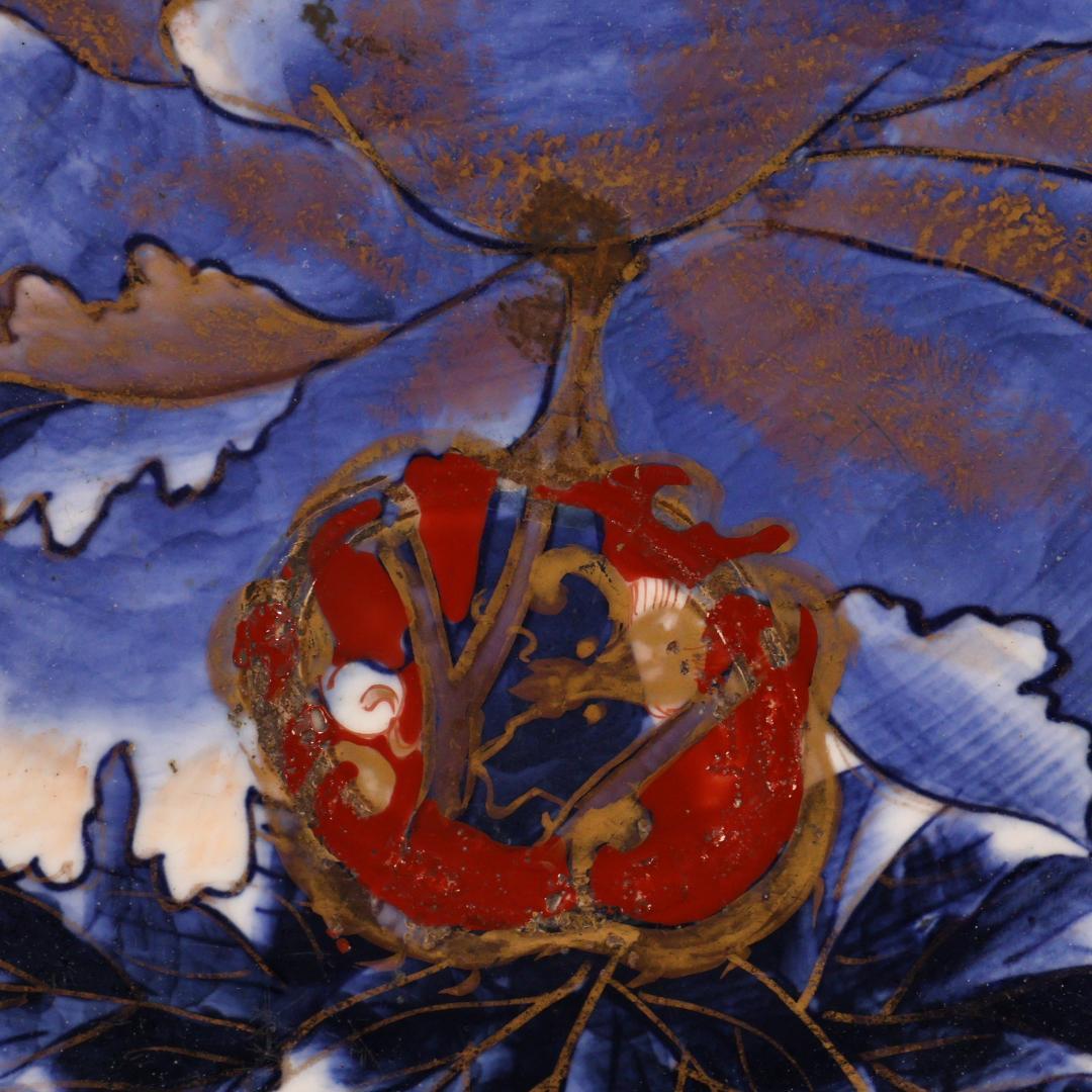 BK301　明治期　古伊万里　色絵小紋芍薬図　六角　大皿　大日本 肥蝶山 乃口製