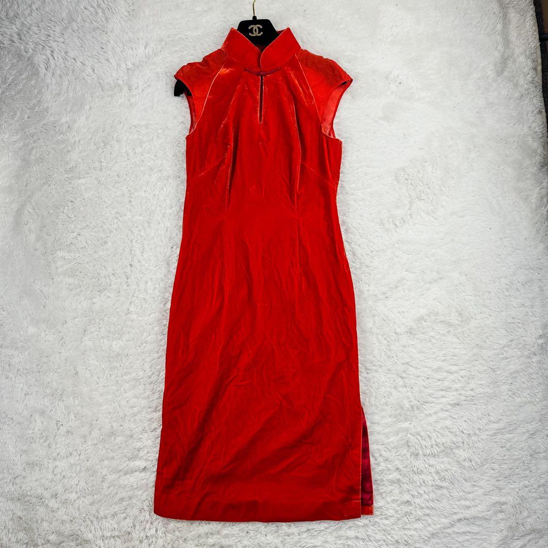 シャンハイタン　30周年記念　ロングワンピース　ベロア　チャイナドレス　赤　S