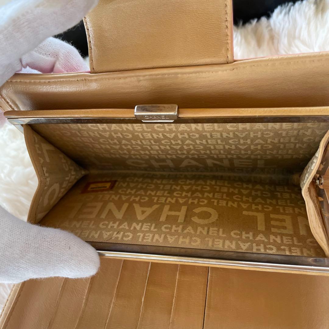 シャネル CHANEL 二つ折り 財布 アイコンライン ピンク がま口 ベージュ