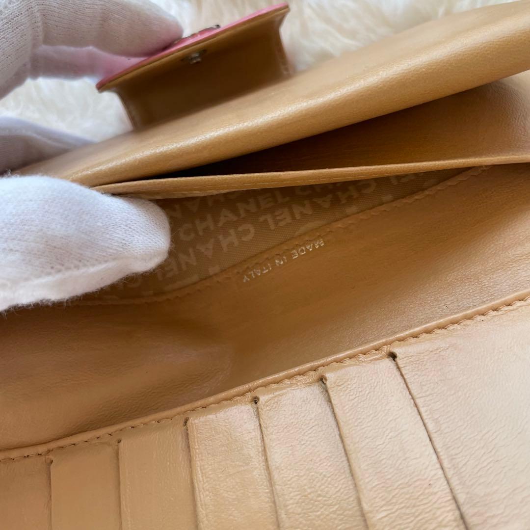 シャネル CHANEL 二つ折り 財布 アイコンライン ピンク がま口 ベージュ