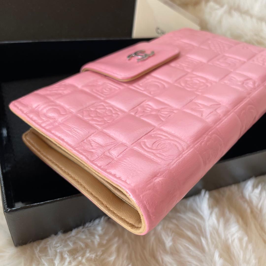 シャネル CHANEL 二つ折り 財布 アイコンライン ピンク がま口 ベージュ