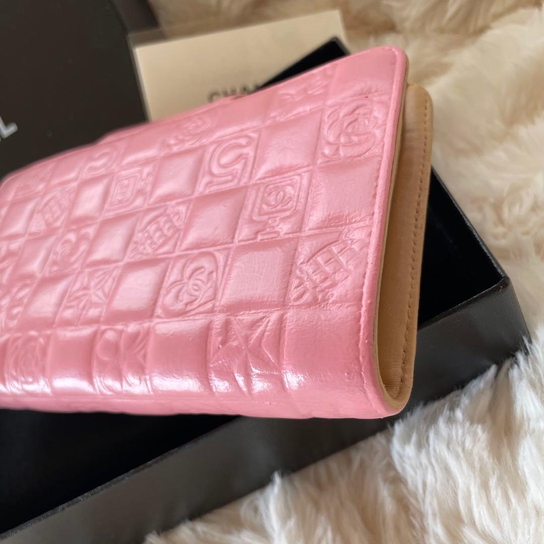 シャネル CHANEL 二つ折り 財布 アイコンライン ピンク がま口 ベージュ