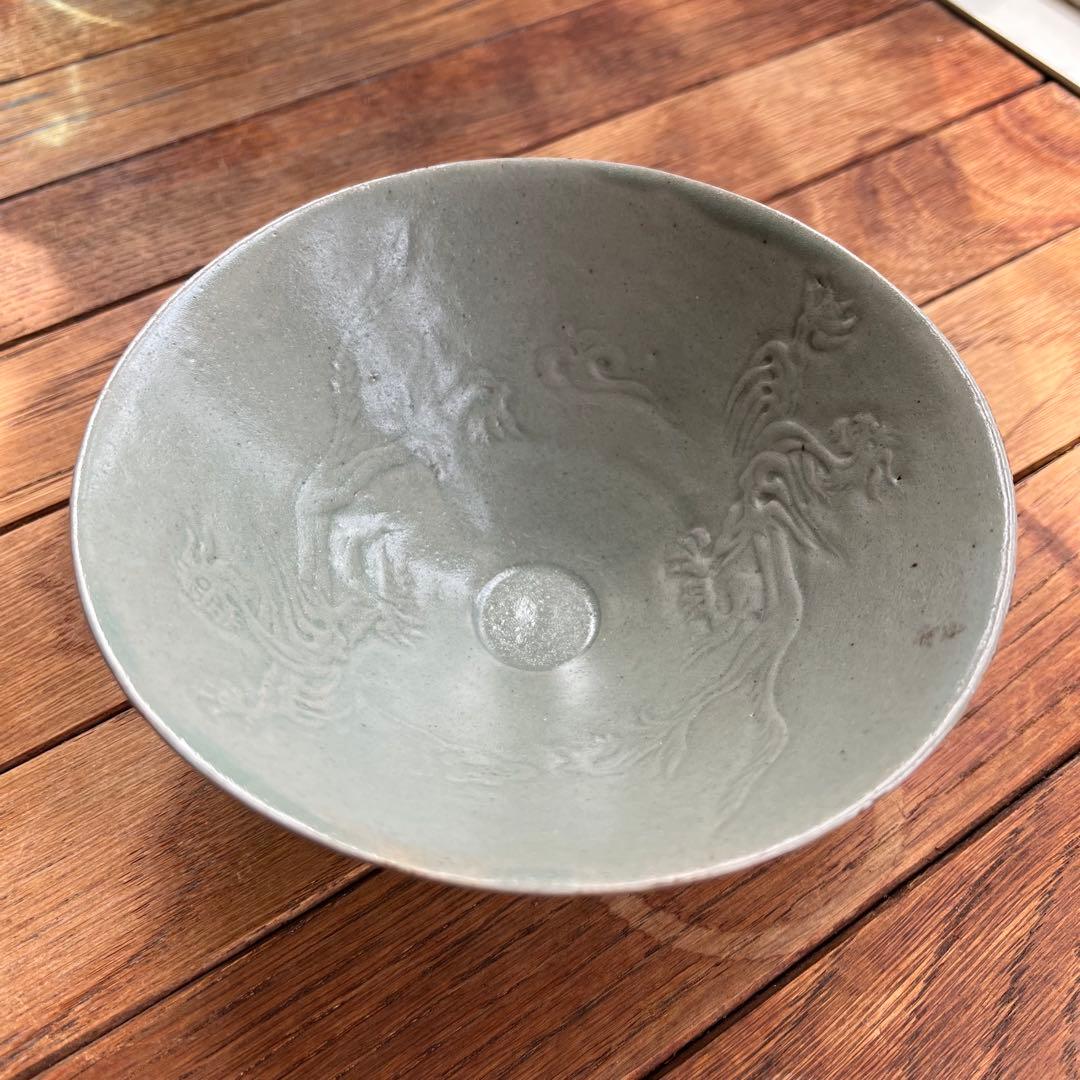 高麗 青磁象嵌雲龍文茶碗 双龍 斗笠碗 高麗青磁 茶碗 鉢
