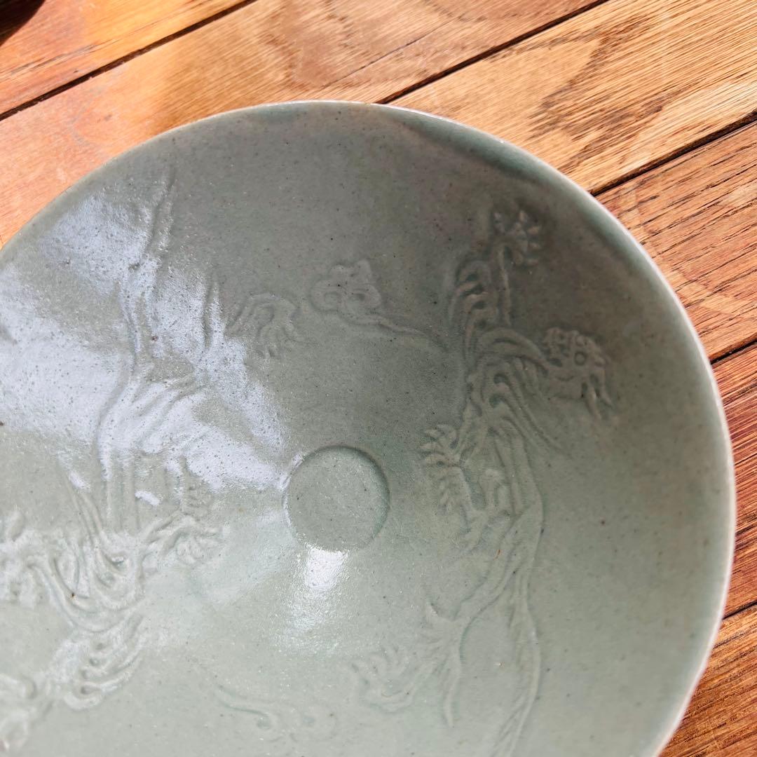 高麗 青磁象嵌雲龍文茶碗 双龍 斗笠碗 高麗青磁 茶碗 鉢