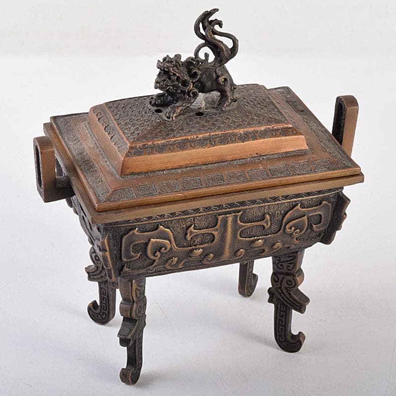 高岡銅器　米田陵山作　鋳銅　獅子摘　四方香炉　鼎　M　R7650