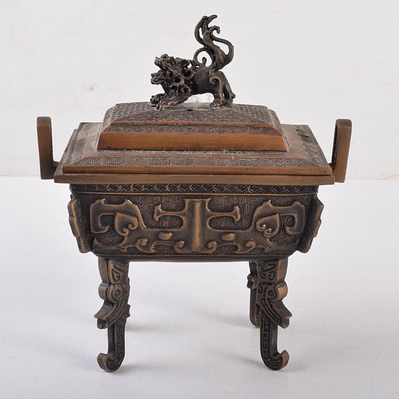 高岡銅器　米田陵山作　鋳銅　獅子摘　四方香炉　鼎　M　R7650