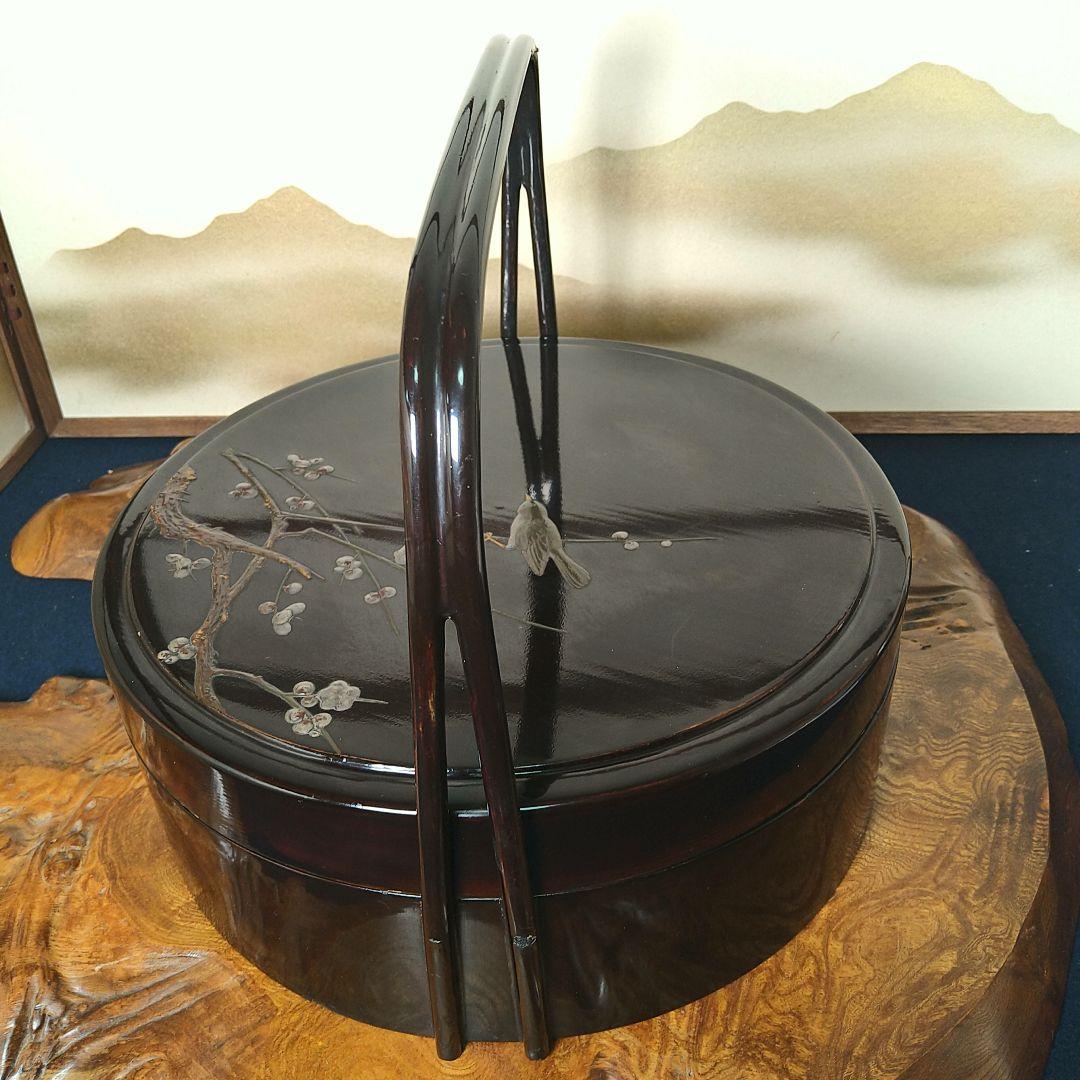 AC74 茶櫃 手付茶びつ 春図 漆絵 梅 うぐいす木製漆 アンティーク 木箱入