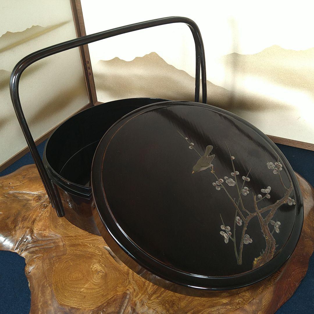AC74 茶櫃 手付茶びつ 春図 漆絵 梅 うぐいす木製漆 アンティーク 木箱入