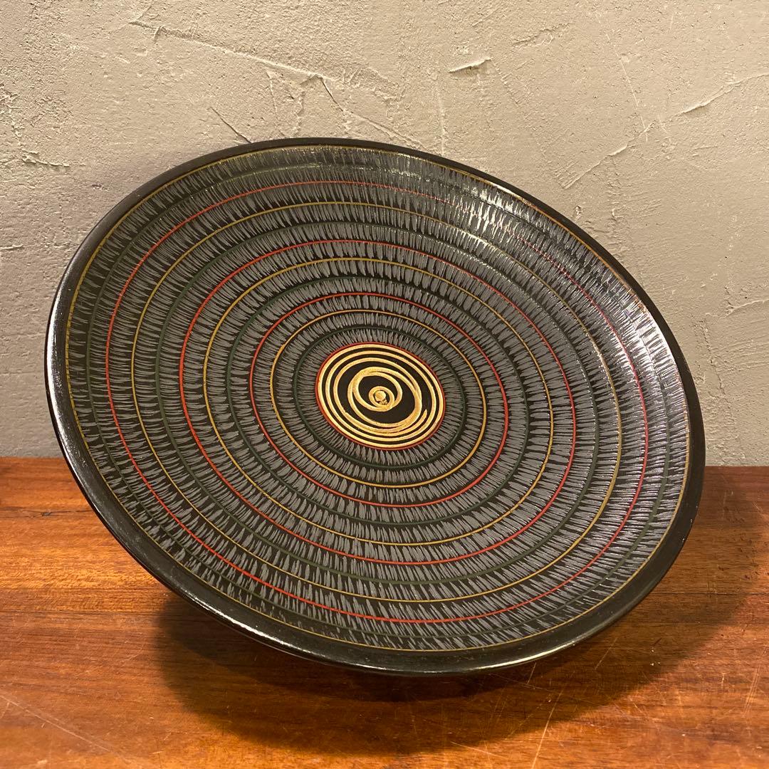 昭和レトロ 高足 菓子盆 インテリアトレイ 漆器 天然木 独楽塗り 伝統工芸