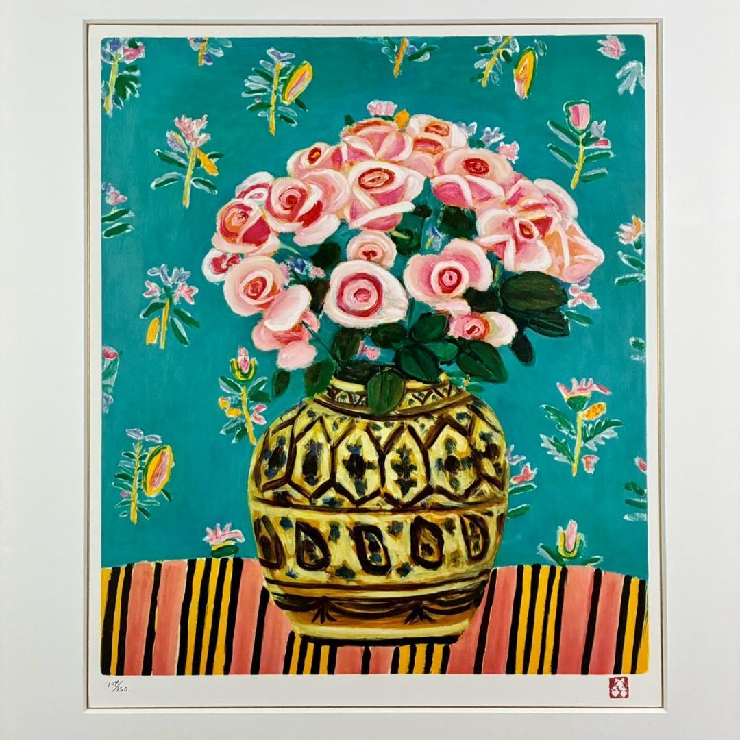 美品 児島善三郎「ペルシャ壺にバラ」リトグラフ 印章有 兒嶋俊郎監修証明シール有